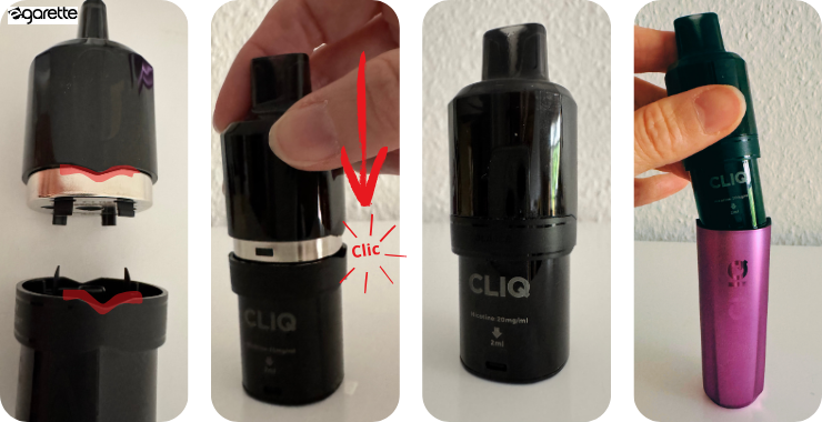 Montage complet de la cartouche Cliq en assemblant le pod et le réservoir.