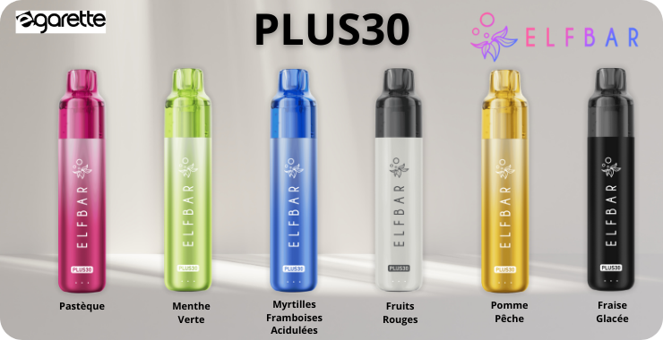 Toutes les saveurs de la puff Plus30 de Elfbar avec la couleur associ&eacute;e.