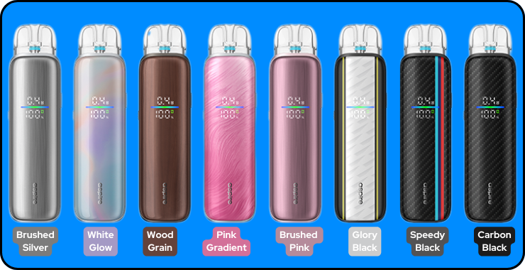 Toutes les couleurs de la Pixo Max : brushed Silver, white glow, wood grain, pink gradient, brushed pink, glory black, speedy black et carbon black