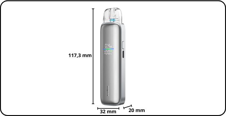 Dimensions de la Pixo max : hauteur de 117,3 mm, largeur de 32 mm, &eacute;paisseur de 20 mm.