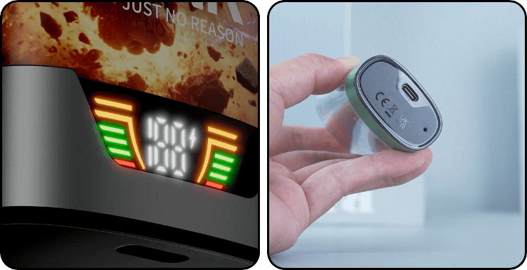 Zoom sur le port USB-C de la puff Gorilla X de JNR et sur l'&eacute;cran indiquant le niveau de charge.