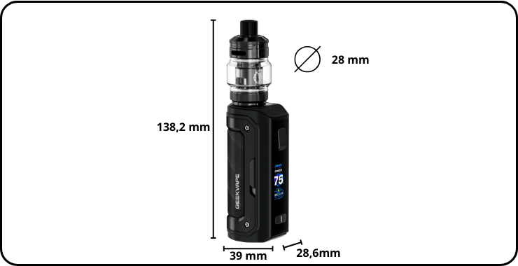 Dimensions pr&eacute;cises du kit Aegis Mini 5 de Geekvape : hauteur 138,2 mm, largeur 39 mm, &eacute;paisseur 28,6 mm. Diam&egrave;tre du clearomiseur : 28 mm.