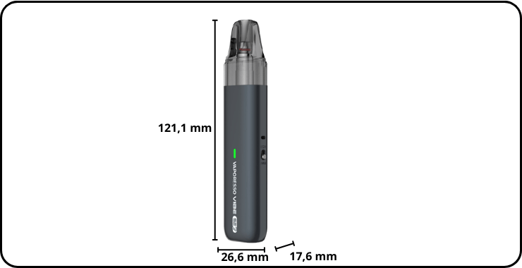 Dimensions précises du Vibe SE 2 : hauteur 121,1, largeur 26,6 mm, épaisseur 17,6 mm.