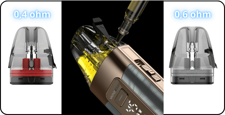 Cartouches Luxe X dual mesh en 0,4 et 0,6 ohm qui accompagnent le kit Luxe X3. Zoom sur le remplissage haut.
