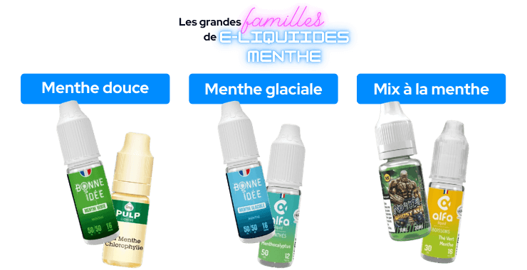Principales cat&eacute;gories de e-liquides int&eacute;grant l'ar&ocirc;me menthe.