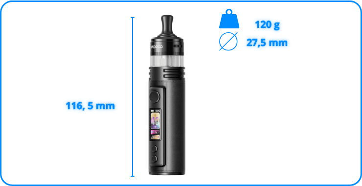 Abmessungen des Drag H40 Pro Pods: 116,5 mm × 27 mm Durchmesser. Gewicht: 120 g.