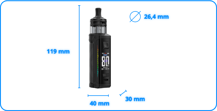 Dimensions du kit Atlantis LX avec la cartouche MTL : 119 mm × 40 mm × 30 mm.