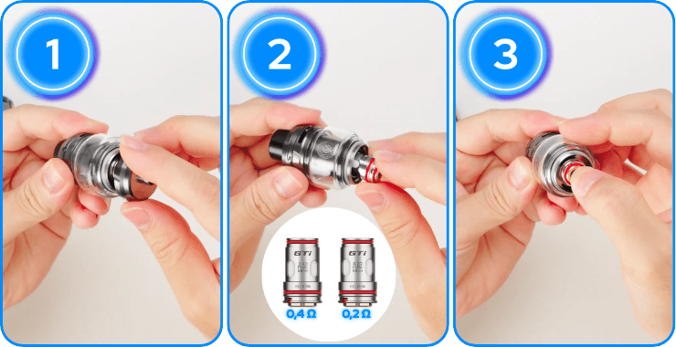 Changement d'une r&eacute;sistance GTI Dual Mesh sur le clearomiseur iTank T de Vaporesso.
