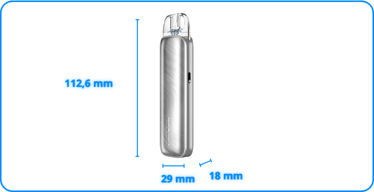 Präzise Abmessungen des Pixo Aura 2 Pods: 112,6 mm × 29 mm × 18 mm.