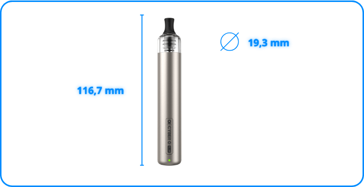 Dimensions du pod Cyber G Slim DTE : 116,7 mm × 19,3 mm de diamètre.