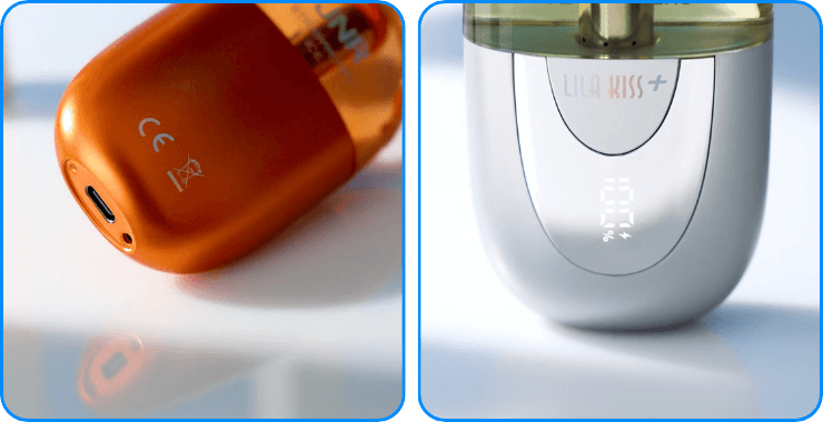 USB-C-Anschluss und Anzeige der Akkulaufzeit auf einer Puff Lila Kiss+ 46K von JNR.